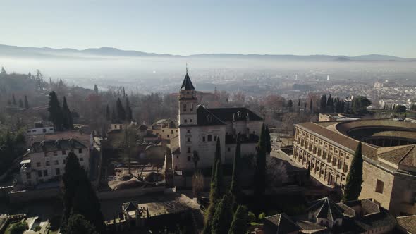 Closer aerial view of Alhambra palace (UNESCO site) overlooking Granada