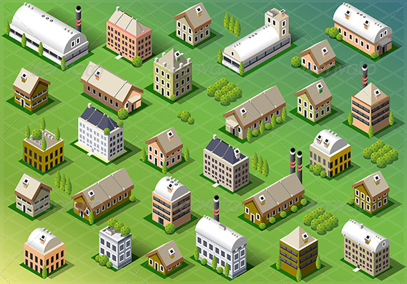Set of Isometric Building in Spring - Buildings Objects