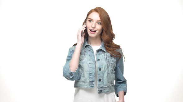 Young Caucasian Woman Talking on Phone and Smiling. Beautiful Caucasian Young Female Professional alt