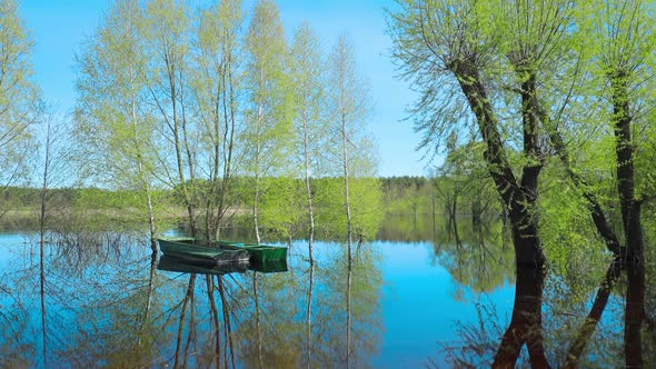 Boats Moored Near Trees That Standing In Water During Spring Flood Floodwaters alt