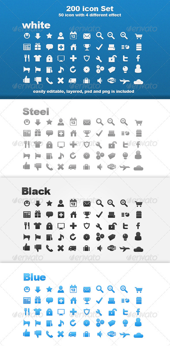 200 Icon Set Whit 4 Different Effect - Web Icons