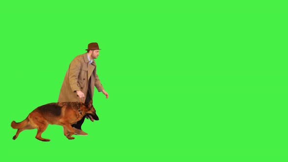 Detective Walking with a German Shepherd Dog on a Green Screen Chroma Key