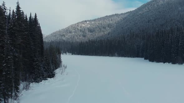 aerial shot of a frozen lake surrounded by a pine forest and mountains on a cloudy winter day , Brit alt