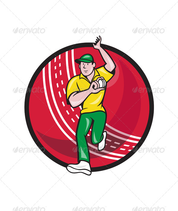 Cricket Fast Bowler Bowling Ball Front Cartoon - Sports/Activity Conceptual