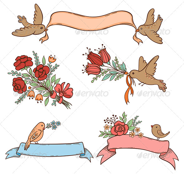 Hand Drawn Banners with Flowers and Birds - Decorative Symbols Decorative