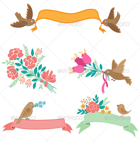 Banners with Flowers and Birds - Decorative Symbols Decorative