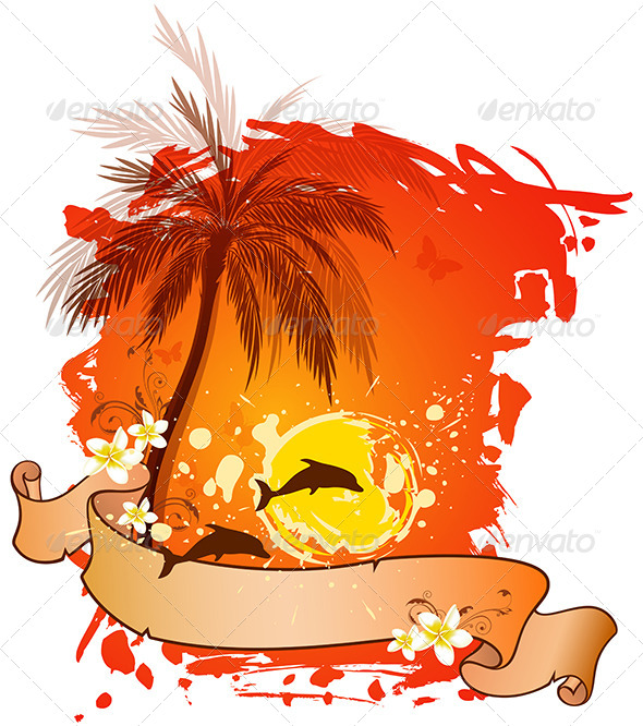 Background with Palms and Dolphins - Travel Conceptual