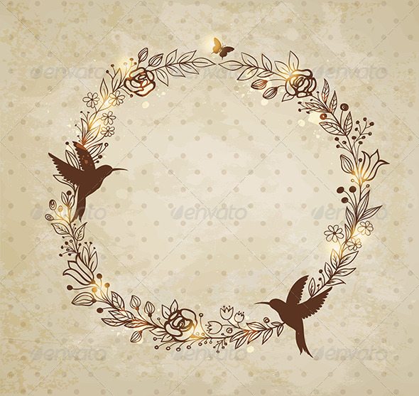 Vintage Hand Drawn Wreath of Flowers - Backgrounds Decorative