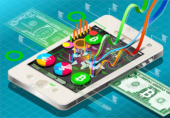 Isometric Virtual Coin Infographic on Mobile Phone - Concepts Business
