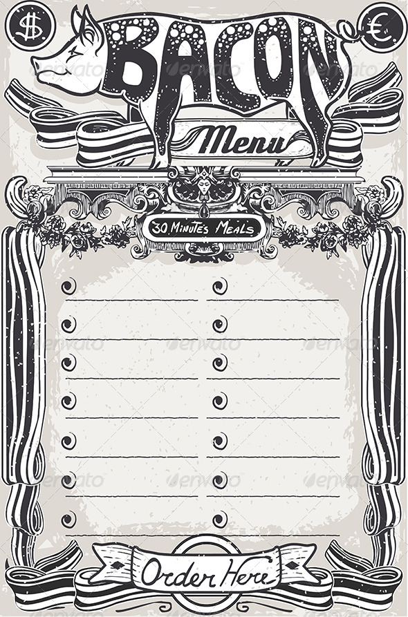 Vintage Page Bacon Menu for Restaurant - Food Objects
