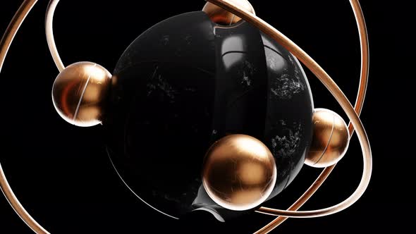 Rotating spheres and rings in darkness. 3d animation loop alt