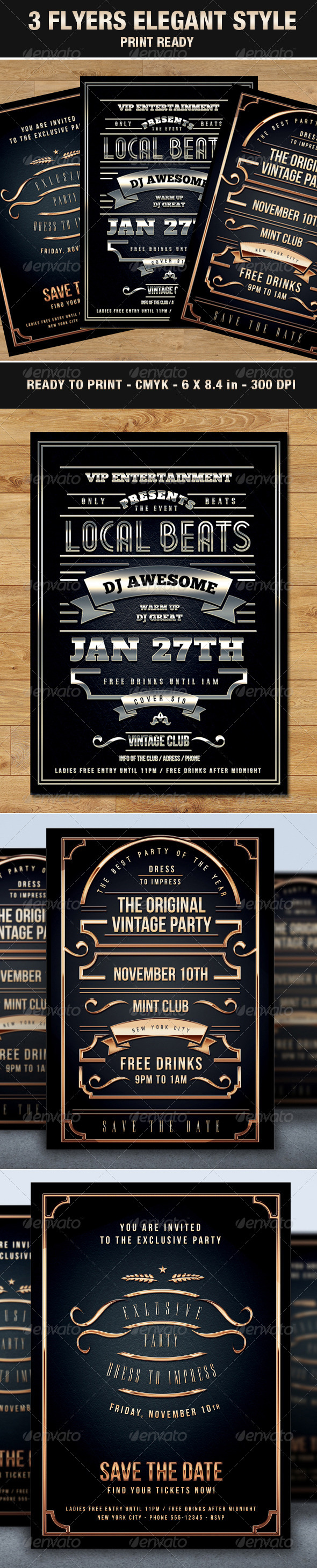 3 Flyers Elegant & Vip Style Vintage Typography - Events Flyers