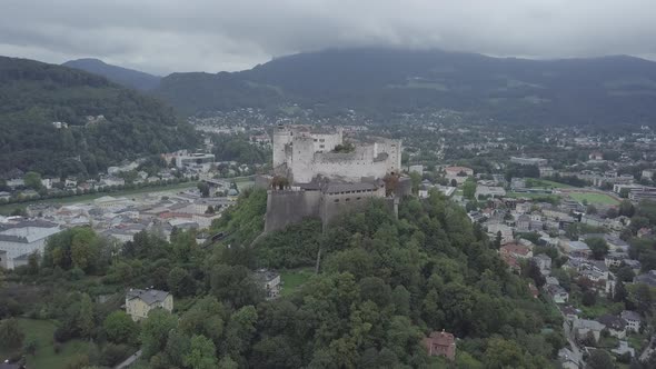Aerial view of Salzburg castle on hill mountain Hohensalzburg fortress. Panorama on Salzburg city