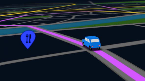 Animation of GPS navigation map. The car following a route along the city street alt