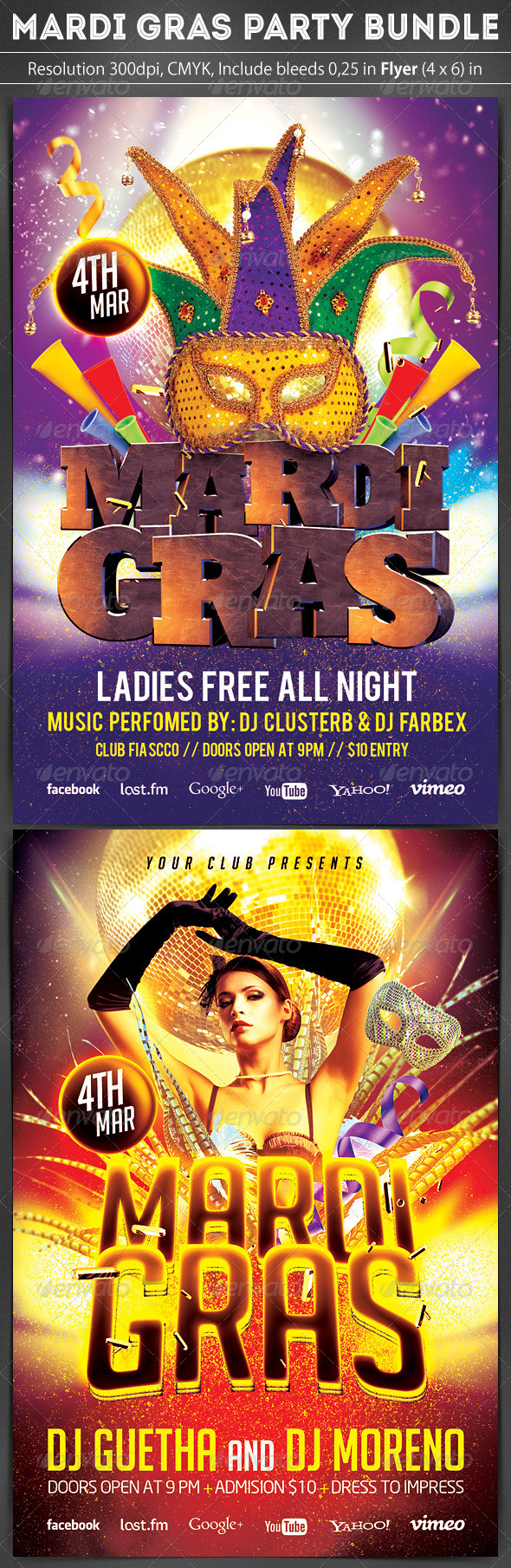 Mardi Gras Flyer Bundle 2 in 1 - Clubs & Parties Events