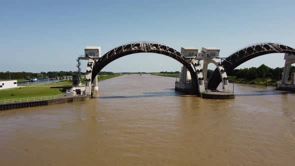 Lock and weir In Dutch River Lek Called Sluice Hagestein, aerial alt