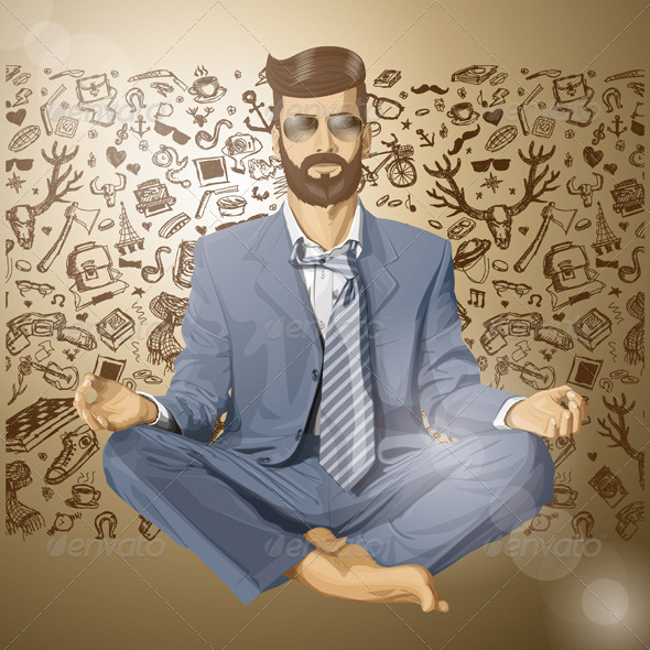 Vector Hipster Businessman in Lotus Pose Meditating - People Characters