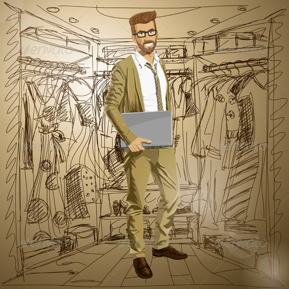 Vector Hipstar Man with Laptop in his Hands - People Characters