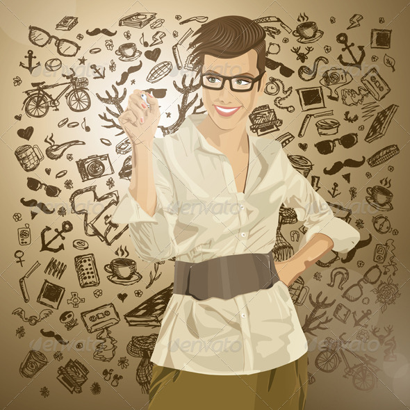 Vector Hipster Business Woman Writing Something - People Characters