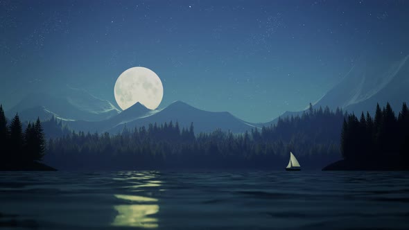 Fishing sailboat timelapse during the night. Mountains and moon in background alt