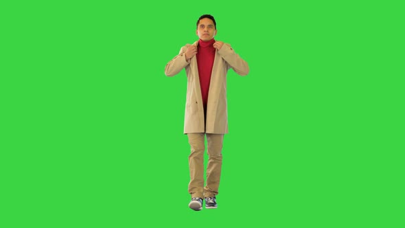 Self Confident Hispanic Macho Man Walking Stylish Casual Urban Fashion Guy in Trendy Trench Coat on