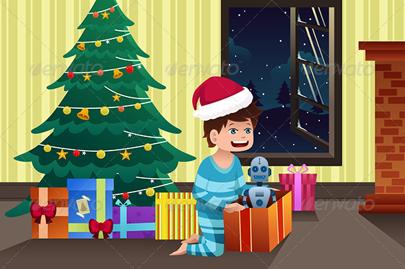 Boy Opening a Present under the Christmas Tree - Christmas Seasons/Holidays