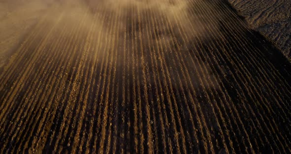Aerial View of Tractor Cultivates Farm Field for Sowing alt