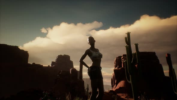 Woman in Torn Shirt Standing By Cactus in Desert at Sunset alt