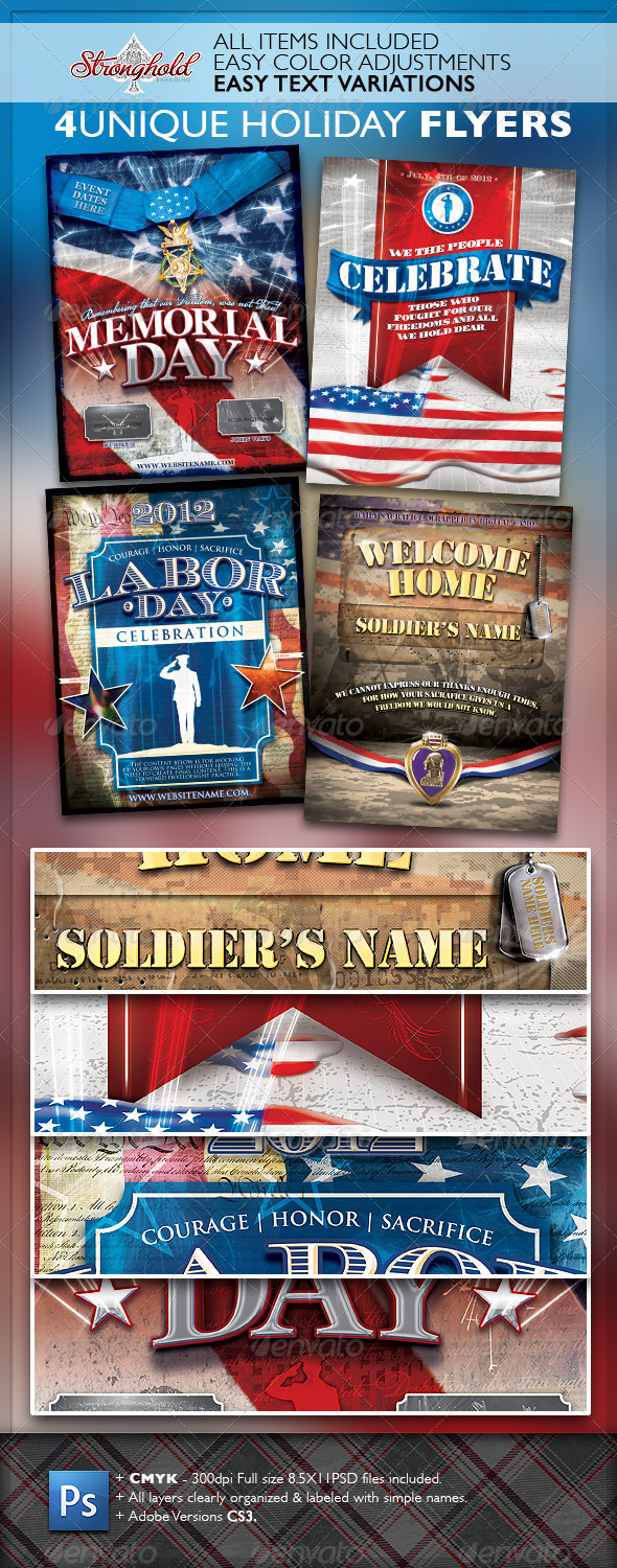 Vintage Patriotic Military Holiday Flyer Bundle - Print Templates