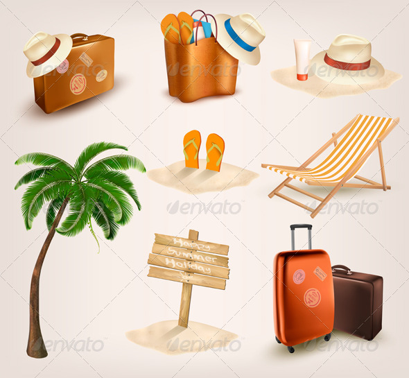 Set of Vacation Related Icons - Travel Conceptual