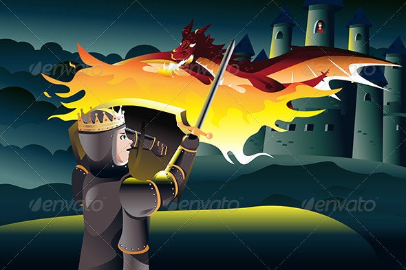 Prince Fighting Dragon while Rescuing Princess - Characters Vectors