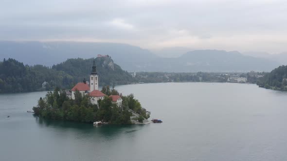 Aerial panoramic view of Lake Bled with Bled Island