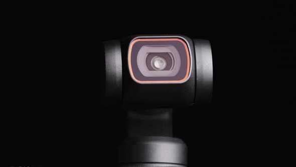 Mechanical Gimbal Camera Lens Rotates on Black Background Robotic Camera Macro alt