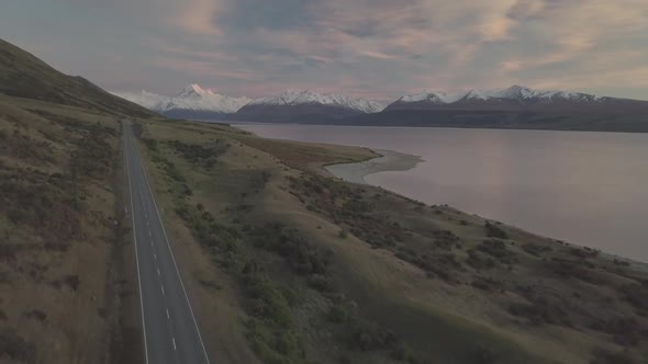 Scenic road to Mt Cook aerial