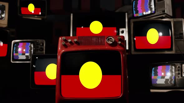 Australian Aboriginal Flag on Retro TVs. 4K.