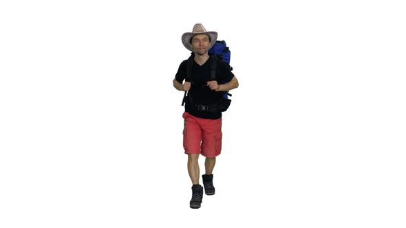 Hiker Man in Cowboy Hat with Backpack Walking on the Path in Nature, Alpha in