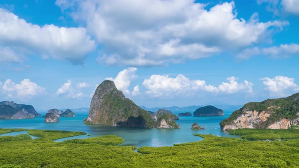 Samet Nangshe viewpoint over Phang-nga Bay panorama scenic near Phuket, Thailand - Time Lapse