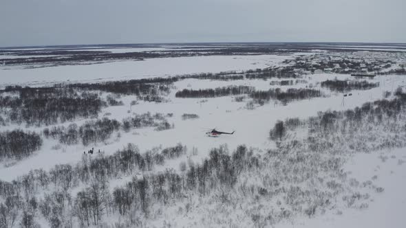 A Helicopter Came to the Tundra Near an Arctic Village to Evacuate People