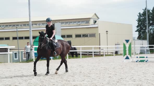 A Female Rider Rides a Bay Horse Performing Tasks at Competitions