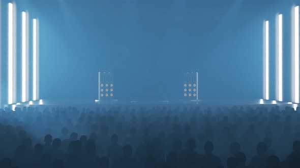 Silhouettes of a crowd of fans in front of empty stage or scene. Concert visuals