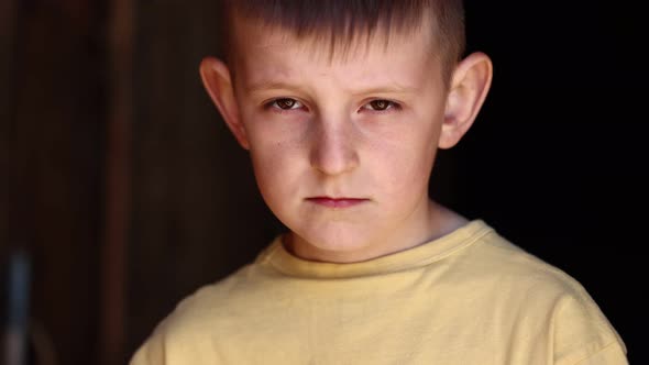 close up portrait of little child. kid boy outdoors looking in camera. Face Eyes Serious Contemplati