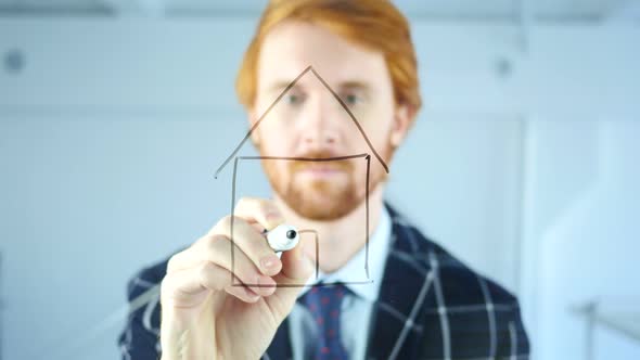 Drawing Home on Transparent Glass in Office, Red Hairs alt