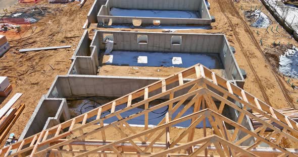 Aerial View the Timber Frame Beam Framework House Stick Built Home Under Construction New Build with alt