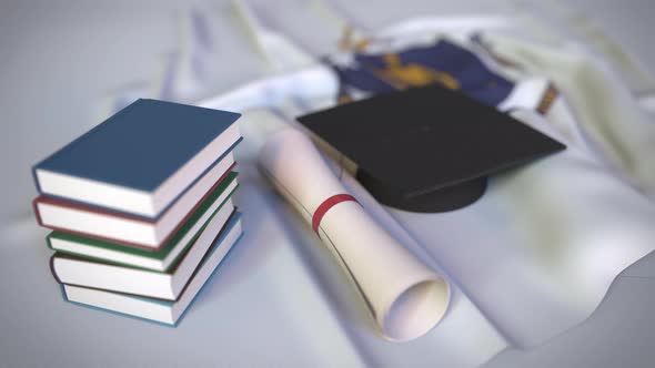 Graduation Cap and Diploma on the Flag of Massachusetts alt