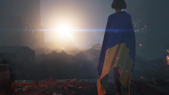 Woman with Ukrainian Flag on the Ruins alt