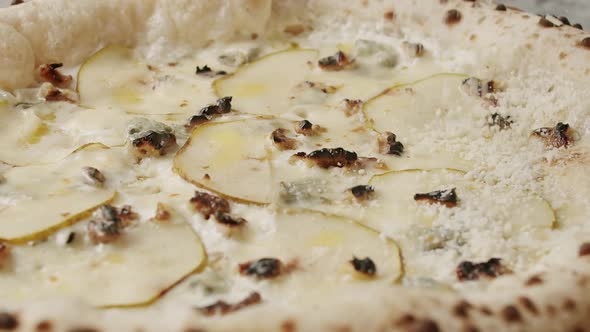 Big Pizza with 4 Cheese with Pear Ready for Eating Delicious Italian Pizza alt