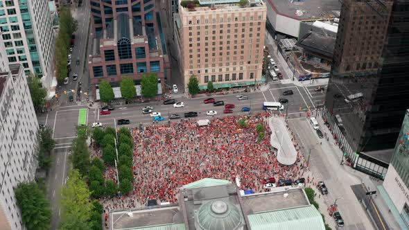 Fast Drone Reveal of a Cancel Canada Day Protest in Vancouver BC. Native people and allies gather to alt
