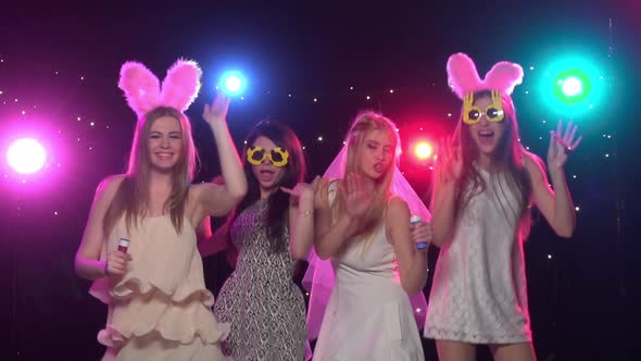 Girlfriends at Bachelorette Party Dancing and Having Fun. Slow Motion alt