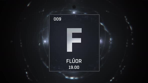 Fluorine as Element 9 of the Periodic Table on Silver Background Spanish Language
