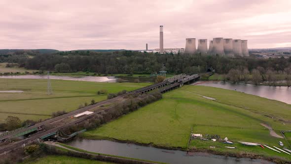 Industrial Landscape, Aerial Panning Shot, Ratcliffe Power Station, River Trent, Canal, Train Line,